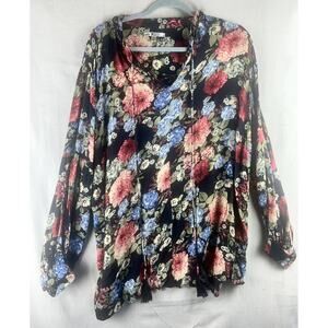 Seven Womens Plus 2X Floral Tunic Top V Neck 3/4 Sleeve Shirt Black Dark Fairy